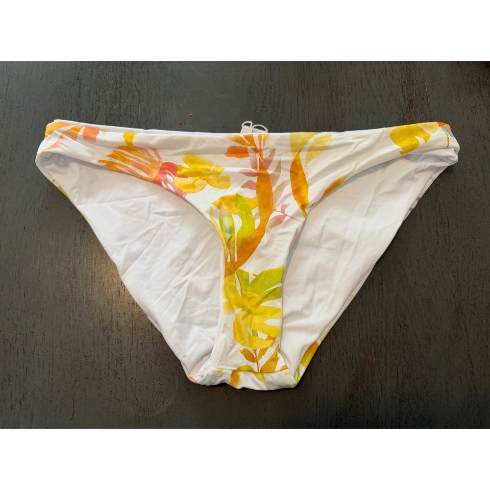 L Space Full Cut Bikini Bottom Tropical Floral Palm Leaf White Orange Small